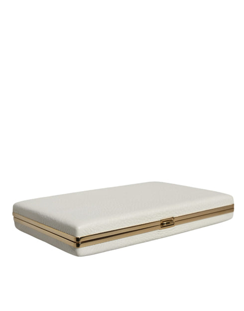 Dolce & Gabbana White Mini Leather Clutch with Gold Frame – Evening Purse