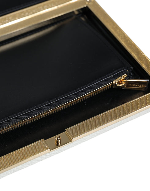Dolce & Gabbana White Mini Leather Clutch with Gold Frame – Evening Purse