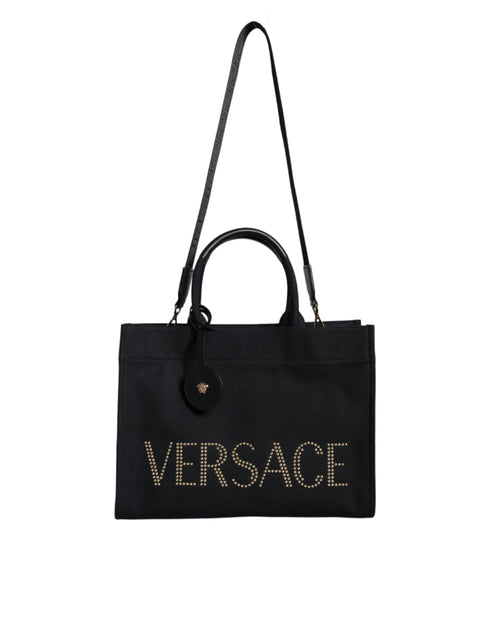 Versace Black Canvas & Leather Top Handle Crossbody Tote Bag for Women