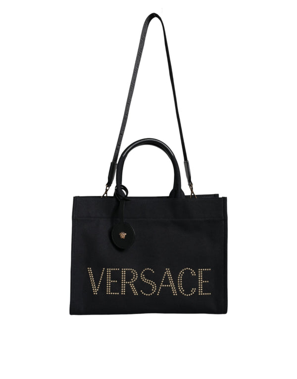 Versace Black Canvas & Leather Top Handle Crossbody Tote Bag for Women