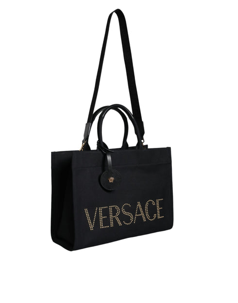 Versace Black Canvas & Leather Top Handle Crossbody Tote Bag for Women