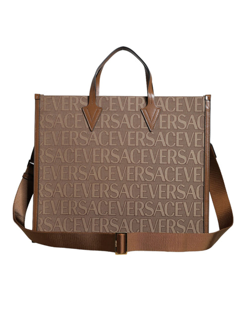 Versace Jacquard Logo Tote in Brown Leather Crossbody Bag for Women