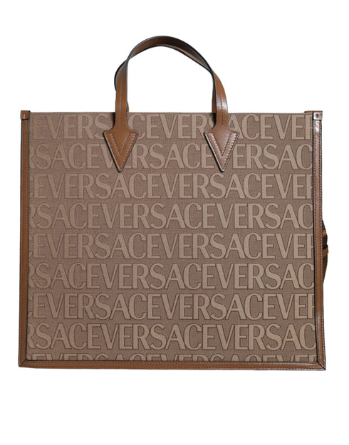 Versace Jacquard Logo Tote in Brown Leather Crossbody Bag for Women
