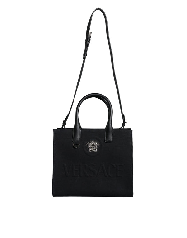 Versace Black Top Handle Canvas Leather Logo Crossbody Tote Bag for Women