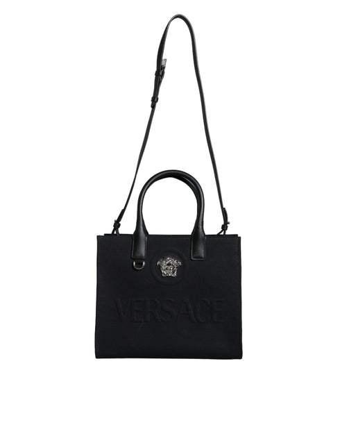 Versace Black Top Handle Canvas Leather Logo Crossbody Tote Bag for Women