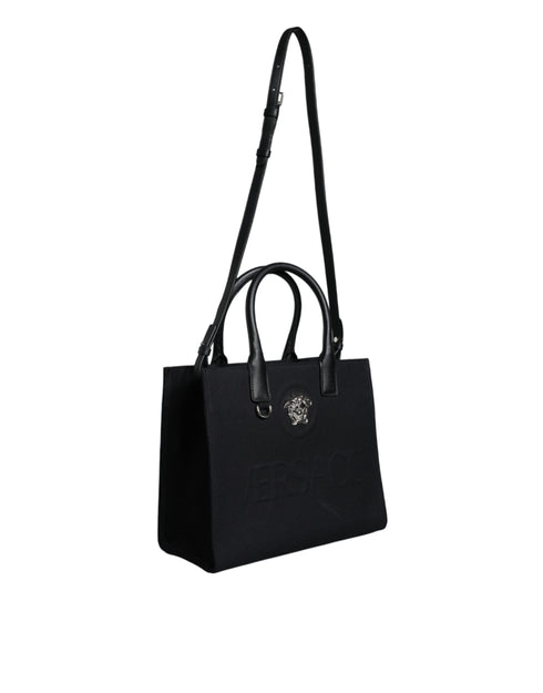 Versace Black Top Handle Canvas Leather Logo Crossbody Tote Bag for Women