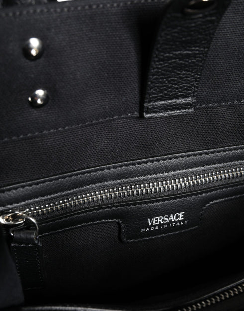 Versace Black Top Handle Canvas Leather Logo Crossbody Tote Bag for Women