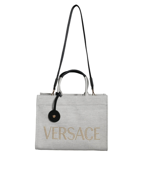 Versace White Canvas & Leather Top Handle Crossbody Tote Bag for Women