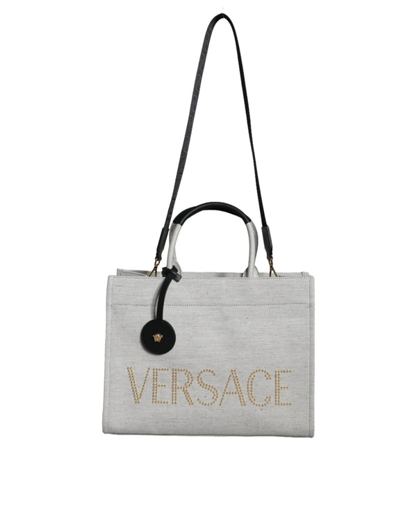 Versace White Canvas & Leather Top Handle Crossbody Tote Bag for Women