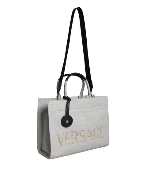 Versace White Canvas & Leather Top Handle Crossbody Tote Bag for Women