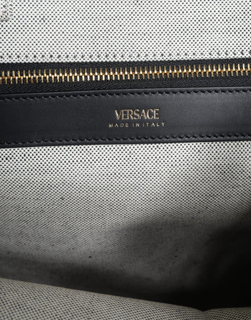 Versace White Canvas & Leather Top Handle Crossbody Tote Bag for Women