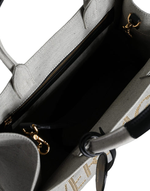 Versace White Canvas & Leather Top Handle Crossbody Tote Bag for Women
