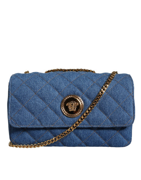 Versace Blue Quilted Denim Leather Crossbody Bag for Women