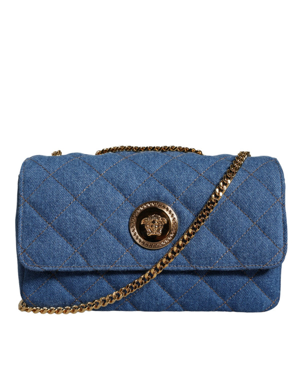 Versace Blue Quilted Denim Leather Crossbody Bag for Women