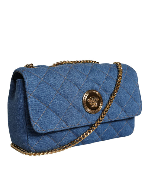 Versace Blue Quilted Denim Leather Crossbody Bag for Women