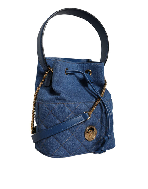 Versace Blue Quilted Denim Leather Crossbody Bucket Bag for Women