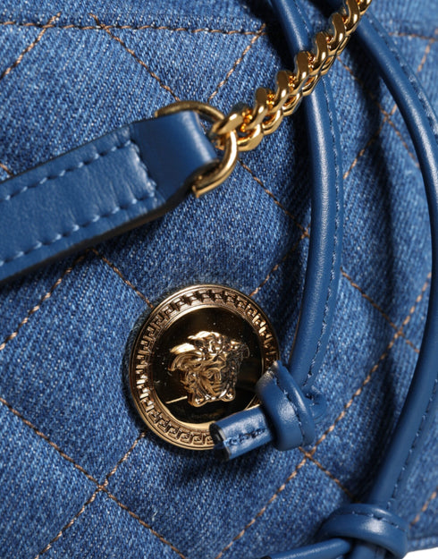 Versace Blue Quilted Denim Leather Crossbody Bucket Bag for Women