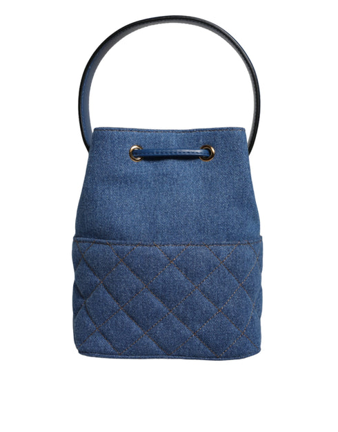 Versace Blue Quilted Denim Leather Crossbody Bucket Bag for Women