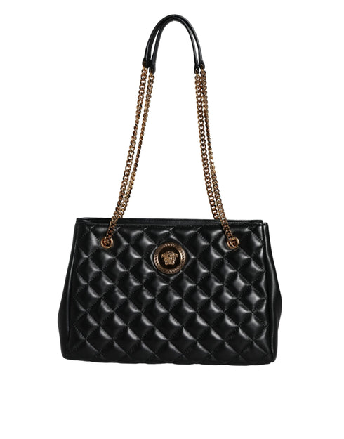 Versace Black Quilted Nappa Leather Shoulder Bag – Gold Chain Strap – Women