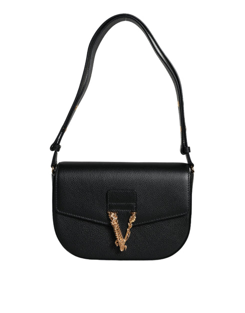 Versace Logo Crossbody Shoulder Bag in Black Grainy Calf Leather for Women’s
