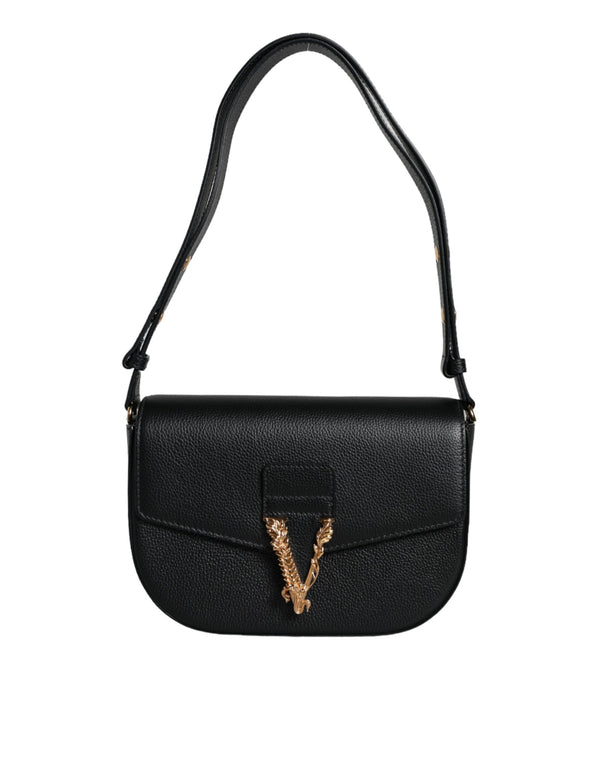 Versace Logo Crossbody Shoulder Bag in Black Grainy Calf Leather for Women’s