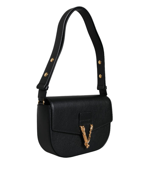 Versace Logo Crossbody Shoulder Bag in Black Grainy Calf Leather for Women’s