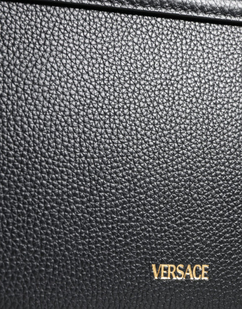 Versace Logo Crossbody Shoulder Bag in Black Grainy Calf Leather for Women’s
