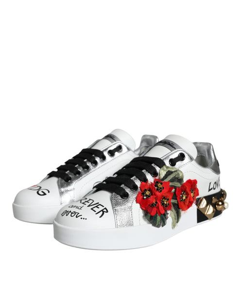 Dolce & Gabbana White Floral Studded Sneakers Shoes – Leather Low-Tops for Women