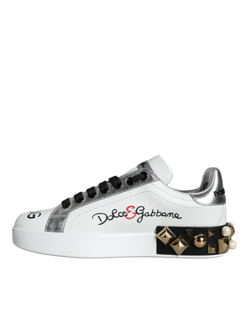 Dolce & Gabbana White Floral Studded Sneakers Shoes – Leather Low-Tops for Women