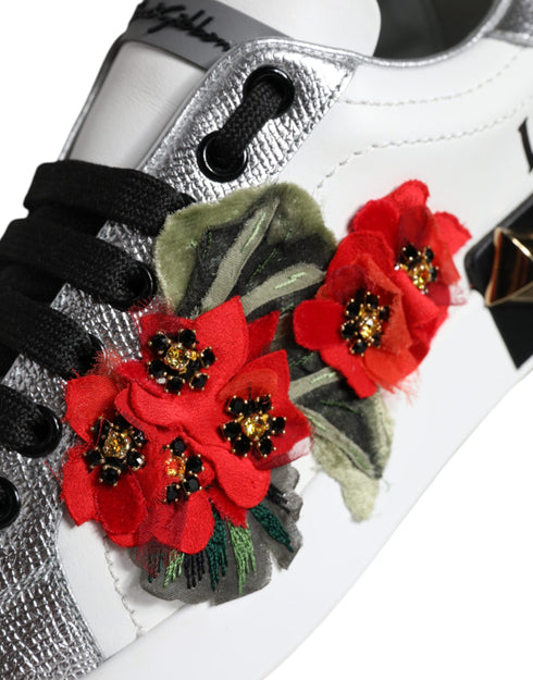 Dolce & Gabbana White Floral Studded Sneakers Shoes – Leather Low-Tops for Women