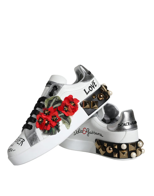 Dolce & Gabbana White Floral Studded Sneakers Shoes – Leather Low-Tops for Women