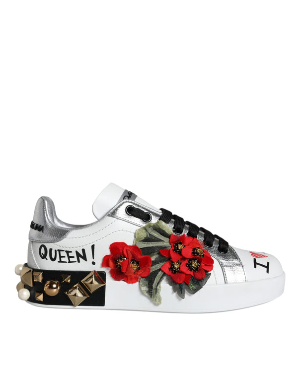 Dolce & Gabbana White Floral Studded Sneakers Shoes – Leather Low-Tops for Women