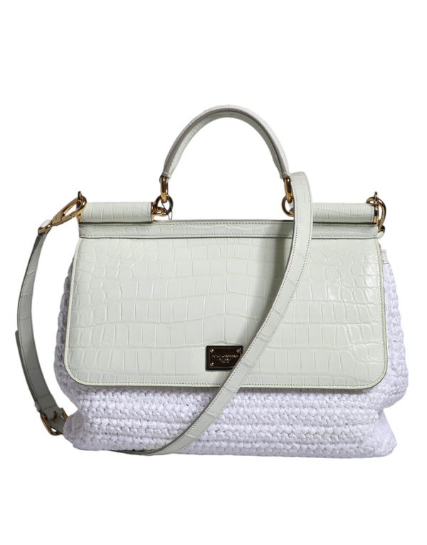 Dolce & Gabbana Sicily Crossbody Satchel – White Raffia & Leather – Gold Hardware – Women’s