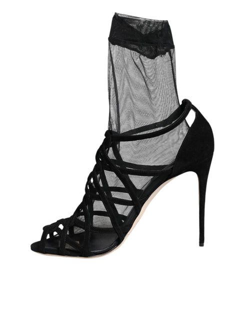 Dolce & Gabbana Black Tulle Stretch Leather Heels Sandals – Women's Luxury Mesh Shoes