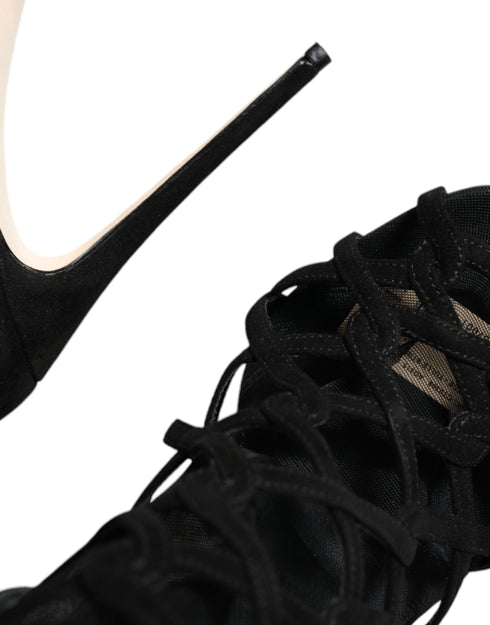 Dolce & Gabbana Black Tulle Stretch Leather Heels Sandals – Women's Luxury Mesh Shoes