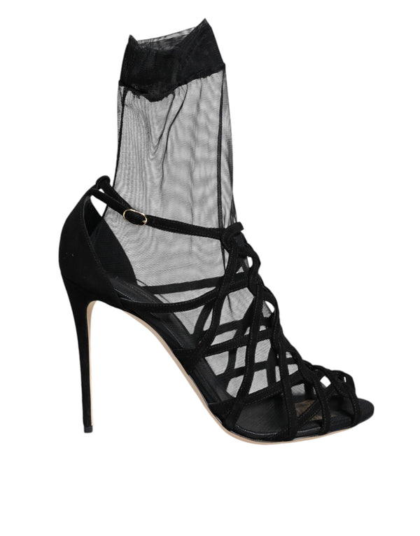 Dolce & Gabbana Black Tulle Stretch Leather Heels Sandals – Women's Luxury Mesh Shoes