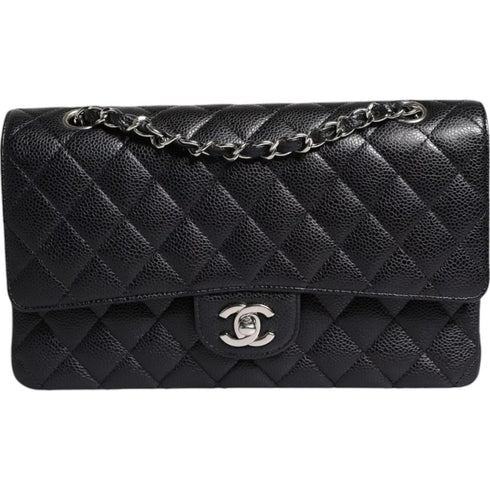 Chanel Medium Classic Double Flap Shoulder Bag – Black Caviar Leather with Silver Hardware – Women’s