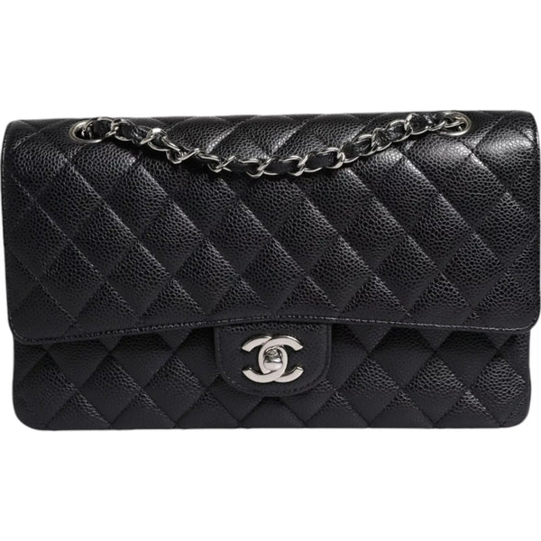 Chanel Medium Classic Double Flap Shoulder Bag – Black Caviar Leather with Silver Hardware – Women’s