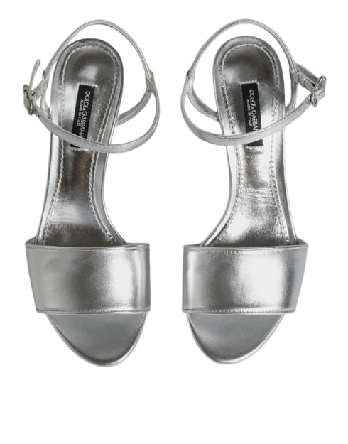 Dolce & Gabbana Silver KEIRA Leather Heels Ankle Strap Sandals – Women’s