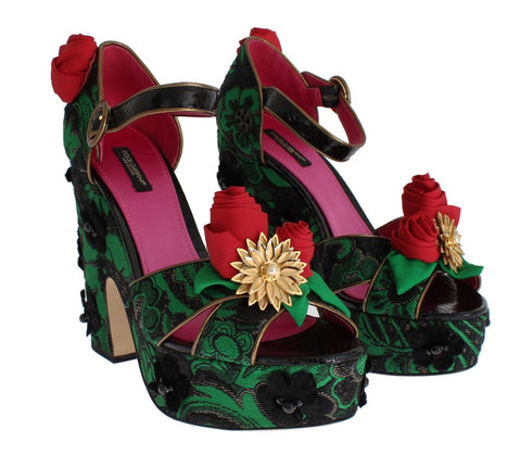 Dolce & Gabbana Brocade Rose Wedge Sandals Green Snakeskin Women’s
