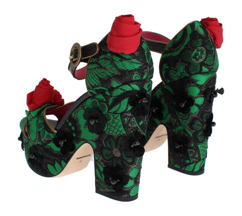 Dolce & Gabbana Brocade Rose Wedge Sandals Green Snakeskin Women’s