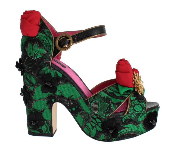 Dolce & Gabbana Brocade Rose Wedge Sandals Green Snakeskin Women’s