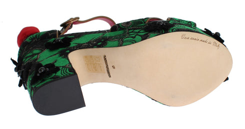 Dolce & Gabbana Brocade Rose Wedge Sandals Green Snakeskin Women’s