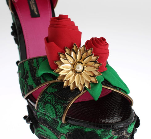Dolce & Gabbana Brocade Rose Wedge Sandals Green Snakeskin Women’s