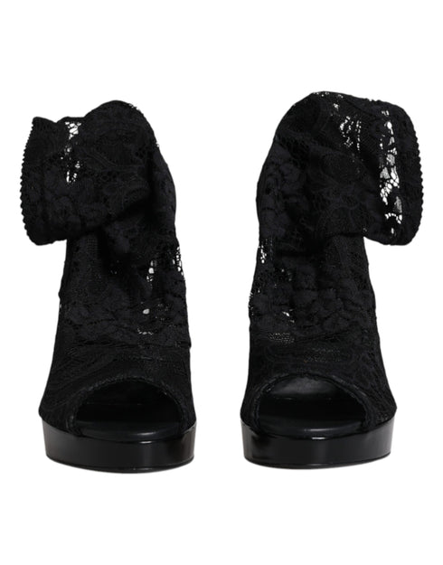 Dolce & Gabbana Black Stretch Taormina Lace Boots | Women’s Peep Toe Sock Heels
