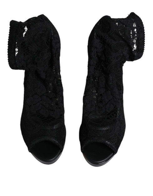 Dolce & Gabbana Black Stretch Taormina Lace Boots | Women’s Peep Toe Sock Heels