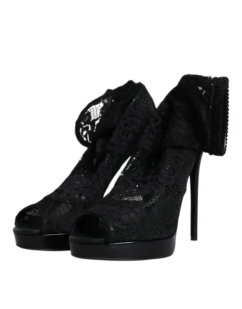 Dolce & Gabbana Black Stretch Taormina Lace Boots | Women’s Peep Toe Sock Heels