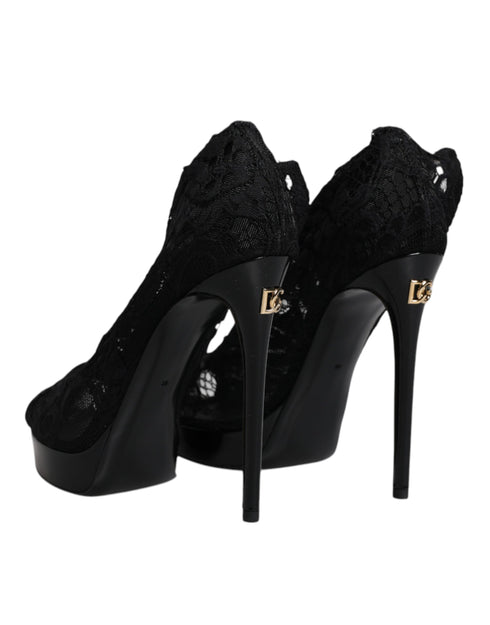 Dolce & Gabbana Black Stretch Taormina Lace Boots | Women’s Peep Toe Sock Heels