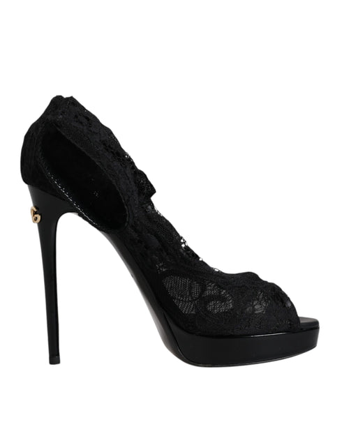 Dolce & Gabbana Black Stretch Taormina Lace Boots | Women’s Peep Toe Sock Heels