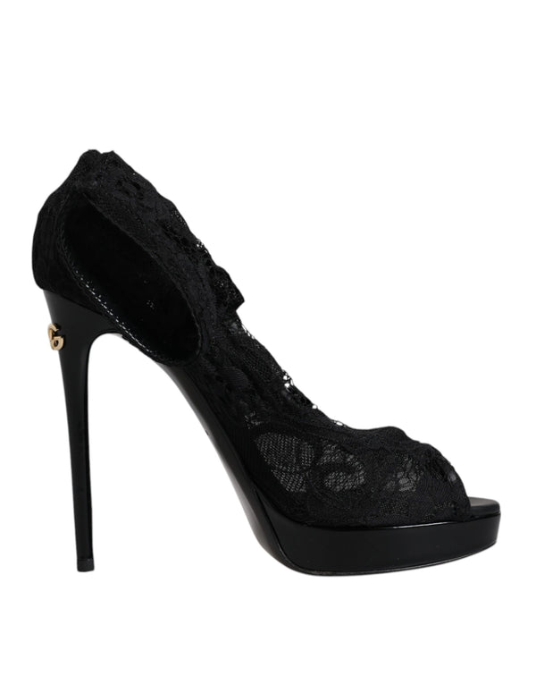 Dolce & Gabbana Black Stretch Taormina Lace Boots | Women’s Peep Toe Sock Heels